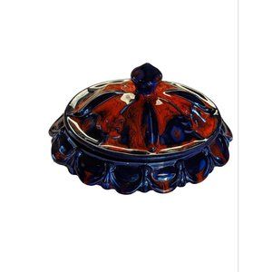Candy trinket lidded dish Ceramic hand decorated OVAL 1981 Blue Orange